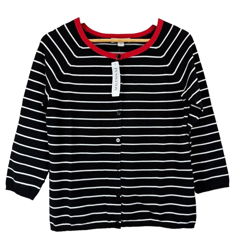 New Pendleton Women's Size M Black and White Striped Cardigan Sweater